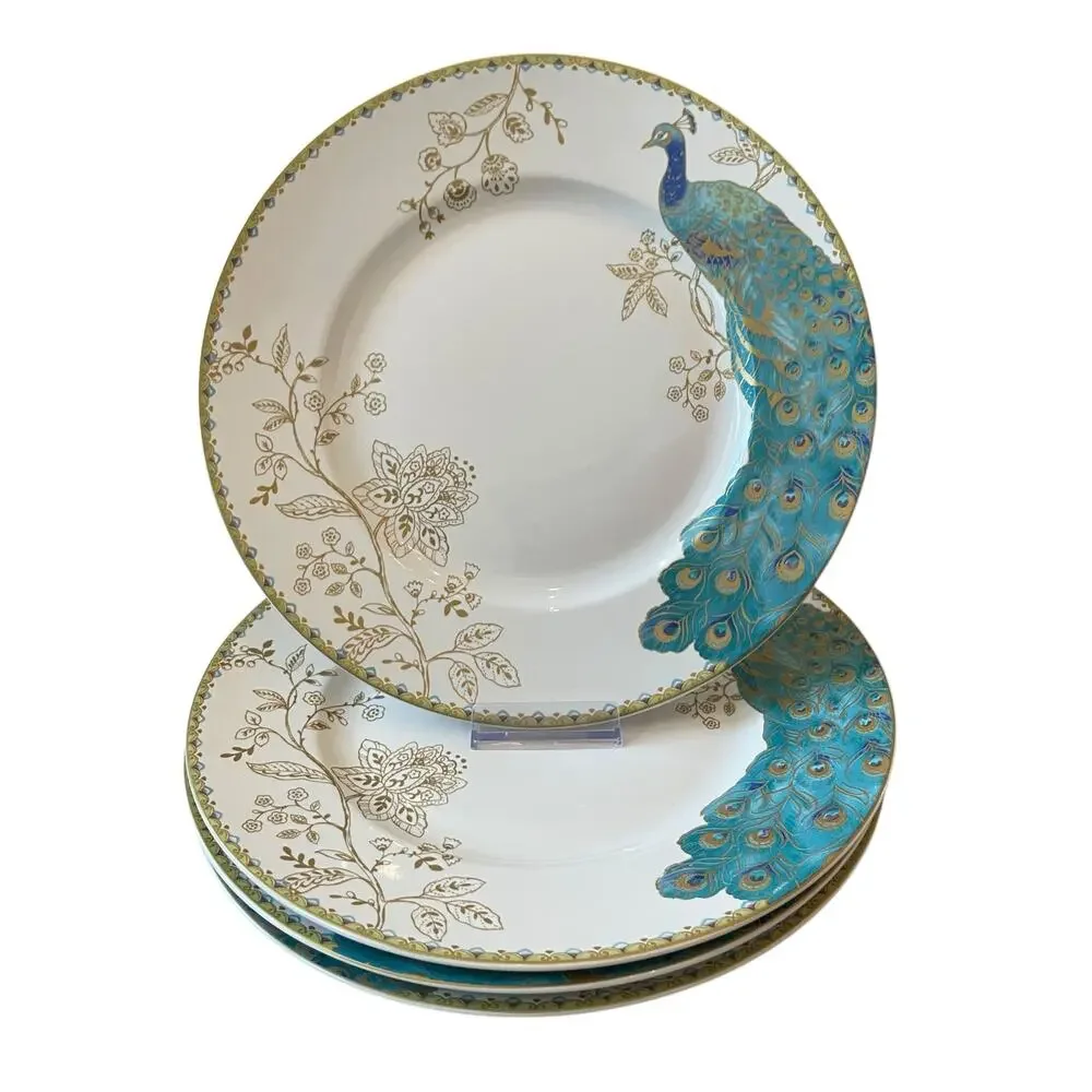 222 FIFTH Peacock Garden Porcelain Dinner Plate Set of 4 Gold Floral Scroll NEW